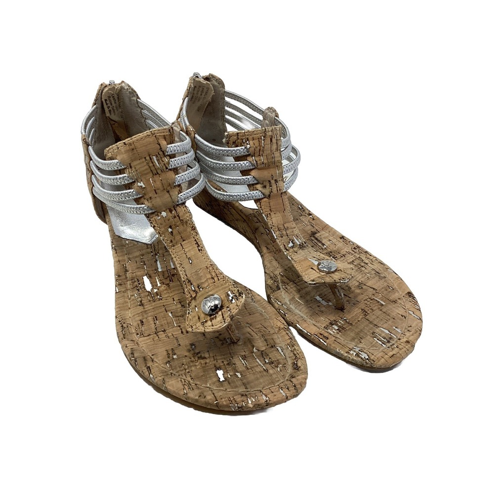 Donald Pliner Dyna Silver Thong Strap Cork 2" Wedge Sandal 7.5